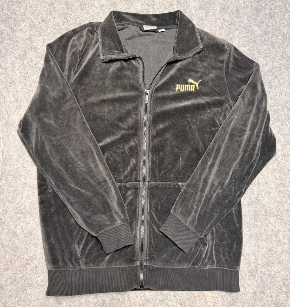 Puma Ess+ Minimal Velour Track Jacket Mens Large Black Gold Logo Full Zip